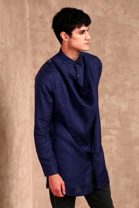 MR. Ajay Kumar Navy Linen Draped Cowl Asymmetric Hem Kurta Online at Aza Fashions MR. Ajay Kumar_Navy Linen Draped Cowl Asymmetric Hem Kurta _Online_at_Aza_Fashions