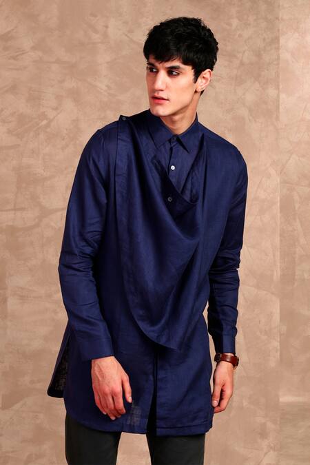 Buy MR. Ajay Kumar Navy Linen Draped Cowl Asymmetric Hem Kurta Online at Aza Fashions Buy_MR. Ajay Kumar_Navy Linen Draped Cowl Asymmetric Hem Kurta _Online_at_Aza_Fashions