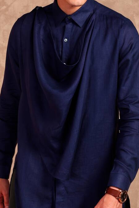 Shop MR. Ajay Kumar Navy Linen Draped Cowl Asymmetric Hem Kurta Online at Aza Fashions Shop_MR. Ajay Kumar_Navy Linen Draped Cowl Asymmetric Hem Kurta _Online_at_Aza_Fashions