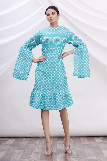 MR. Ajay Kumar Blue Cotton Floral Motifs Round Neck Printed Dress 