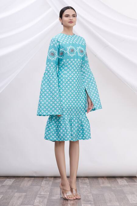 MR. Ajay Kumar Blue Cotton Floral Motifs Round Neck Printed Dress Online at Aza Fashions MR. Ajay Kumar_Blue Cotton Floral Motifs Round Neck Printed Dress _Online_at_Aza_Fashions