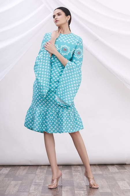 Buy MR. Ajay Kumar Blue Cotton Floral Motifs Round Neck Printed Dress Online at Aza Fashions Buy_MR. Ajay Kumar_Blue Cotton Floral Motifs Round Neck Printed Dress _Online_at_Aza_Fashions