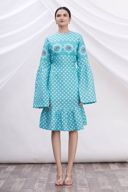 Shop MR. Ajay Kumar Blue Cotton Floral Motifs Round Neck Printed Dress Online at Aza Fashions Shop_MR. Ajay Kumar_Blue Cotton Floral Motifs Round Neck Printed Dress _Online_at_Aza_Fashions