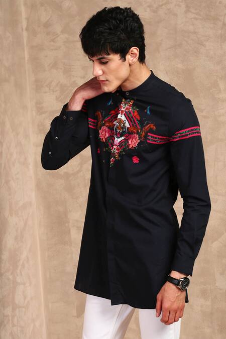 MR. Ajay Kumar Black Cotton Animal And Floral Digital Print Shirt Online at Aza Fashions MR. Ajay Kumar_Black Cotton Animal And Floral Digital Print Shirt _Online_at_Aza_Fashions