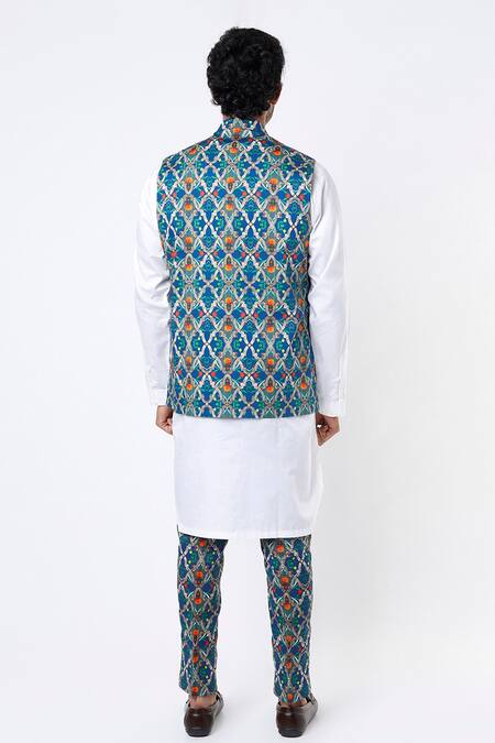Shop MR. Ajay Kumar Blue Cotton Satin Digital Print Geometric And Floral Bundi at Aza Fashions Shop_MR. Ajay Kumar_Blue Cotton Satin Digital Print Geometric And Floral Bundi _at_Aza_Fashions