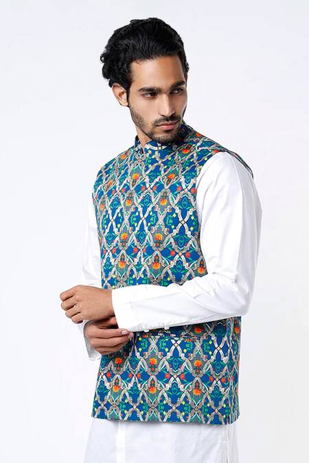 MR. Ajay Kumar Blue Cotton Satin Digital Print Geometric And Floral Bundi Online at Aza Fashions MR. Ajay Kumar_Blue Cotton Satin Digital Print Geometric And Floral Bundi _Online_at_Aza_Fashions