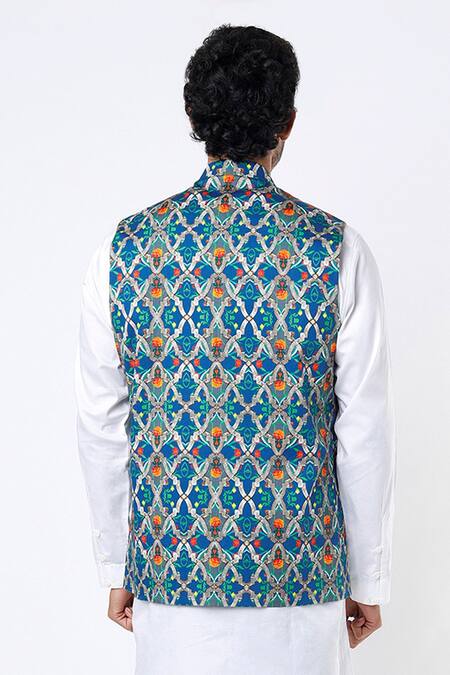 Buy MR. Ajay Kumar Blue Cotton Satin Digital Print Geometric And Floral Bundi Online at Aza Fashions Buy_MR. Ajay Kumar_Blue Cotton Satin Digital Print Geometric And Floral Bundi _Online_at_Aza_Fashions