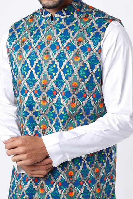Shop MR. Ajay Kumar Blue Cotton Satin Digital Print Geometric And Floral Bundi Online at Aza Fashions Shop_MR. Ajay Kumar_Blue Cotton Satin Digital Print Geometric And Floral Bundi _Online_at_Aza_Fashions