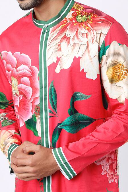 MR. Ajay Kumar Red Cotton Satin Floral Digital Print Kurta And Pant Set Online at Aza Fashions MR. Ajay Kumar_Red Cotton Satin Floral Digital Print Kurta And Pant Set _Online_at_Aza_Fashions