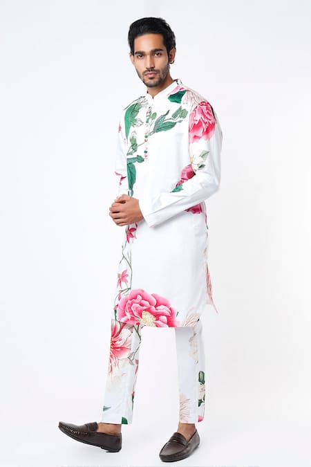 MR. Ajay Kumar Off White Cotton Satin Floral Digital Print Kurta And Pant Set 