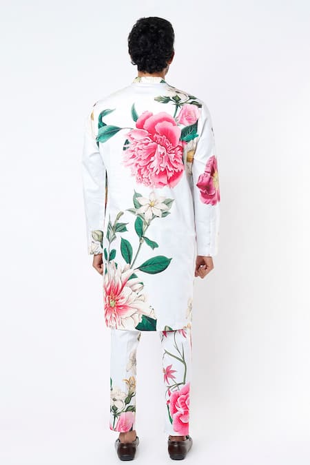 Shop MR. Ajay Kumar Off White Cotton Satin Floral Digital Print Kurta And Pant Set at Aza Fashions Shop_MR. Ajay Kumar_Off White Cotton Satin Floral Digital Print Kurta And Pant Set _at_Aza_Fashions
