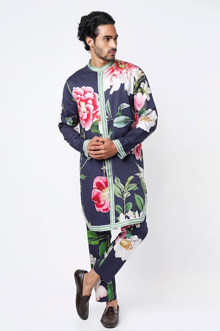 MR. Ajay Kumar Navy Cotton Satin Floral Digital Print Kurta And Pant Set 