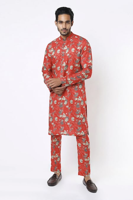 MR. Ajay Kumar Red Cotton Satin Floral Digital Print Kurta And Pant Set 
