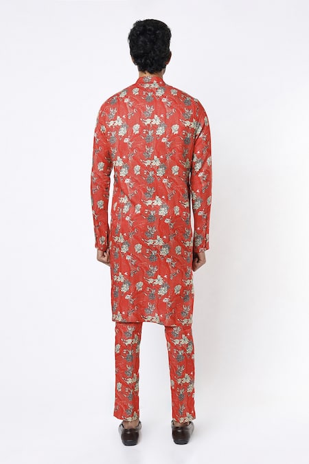 Shop MR. Ajay Kumar Red Cotton Satin Floral Digital Print Kurta And Pant Set at Aza Fashions Shop_MR. Ajay Kumar_Red Cotton Satin Floral Digital Print Kurta And Pant Set _at_Aza_Fashions