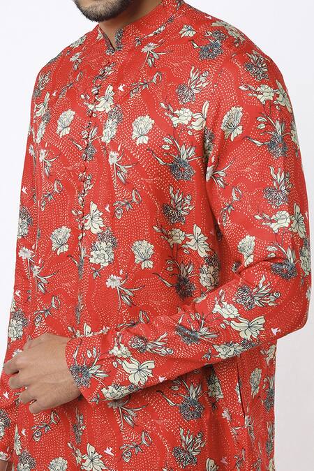 Buy MR. Ajay Kumar Red Cotton Satin Floral Digital Print Kurta And Pant Set Online at Aza Fashions Buy_MR. Ajay Kumar_Red Cotton Satin Floral Digital Print Kurta And Pant Set _Online_at_Aza_Fashions