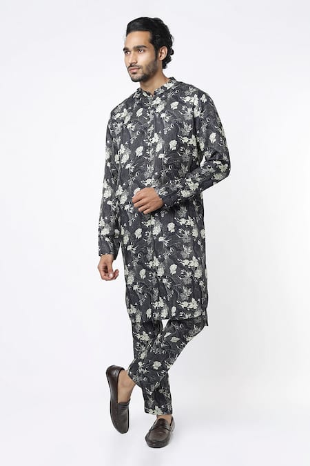 MR. Ajay Kumar Black Cotton Satin Floral Digital Print Kurta And Pant Set 