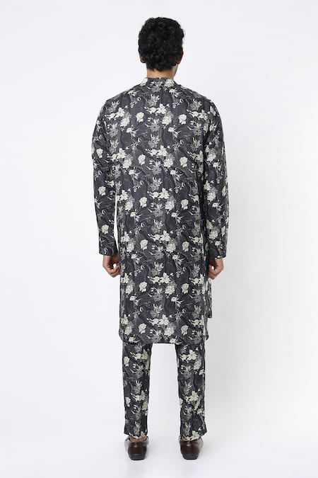 Shop MR. Ajay Kumar Black Cotton Satin Floral Digital Print Kurta And Pant Set at Aza Fashions Shop_MR. Ajay Kumar_Black Cotton Satin Floral Digital Print Kurta And Pant Set _at_Aza_Fashions
