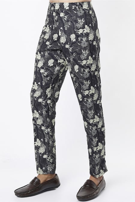 MR. Ajay Kumar Black Cotton Satin Floral Digital Print Kurta And Pant Set Online at Aza Fashions MR. Ajay Kumar_Black Cotton Satin Floral Digital Print Kurta And Pant Set _Online_at_Aza_Fashions