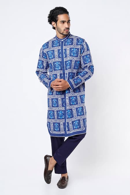 MR. Ajay Kumar Blue Cotton Satin Digital Print Floral And Geometric Kurta Set 