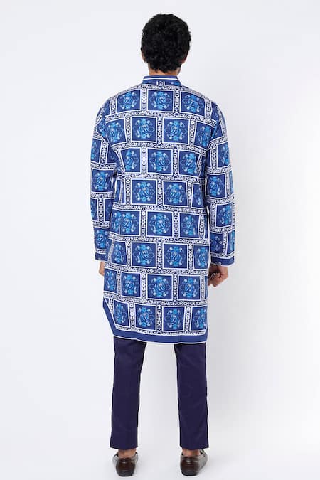 Shop MR. Ajay Kumar Blue Cotton Satin Digital Print Floral And Geometric Kurta Set at Aza Fashions Shop_MR. Ajay Kumar_Blue Cotton Satin Digital Print Floral And Geometric Kurta Set _at_Aza_Fashions