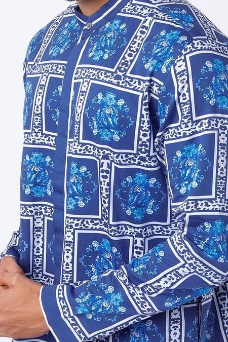 Buy MR. Ajay Kumar Blue Cotton Satin Digital Print Floral And Geometric Kurta Set Online at Aza Fashions Buy_MR. Ajay Kumar_Blue Cotton Satin Digital Print Floral And Geometric Kurta Set _Online_at_Aza_Fashions