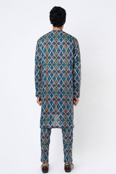 Shop MR. Ajay Kumar Blue Cotton Satin Digital Print Kurta And Pant Set at Aza Fashions Shop_MR. Ajay Kumar_Blue Cotton Satin Digital Print Kurta And Pant Set _at_Aza_Fashions