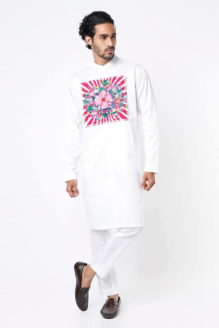 MR. Ajay Kumar White Cotton Satin Floral Digital Print Kurta And Pant Set 