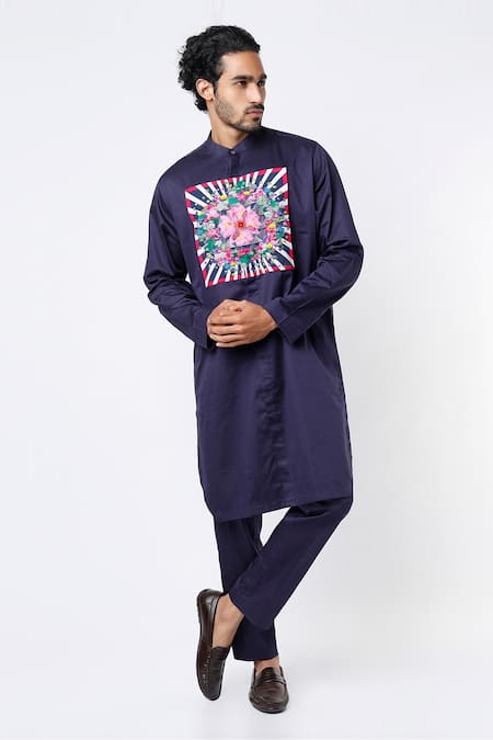 MR. Ajay Kumar Blue Cotton Satin Digital Print Mandarin Collar Kurta And Pant Set 
