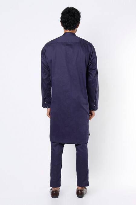 Shop_MR. Ajay Kumar_Blue Cotton Satin Digital Print Mandarin Collar Kurta And Pant Set _at_Aza_Fashions