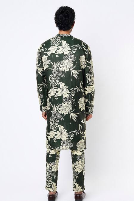 Shop MR. Ajay Kumar Black Cotton Satin Digital Print Angrakha Kurta And Pant Set at Aza Fashions Shop_MR. Ajay Kumar_Black Cotton Satin Digital Print Angrakha Kurta And Pant Set _at_Aza_Fashions