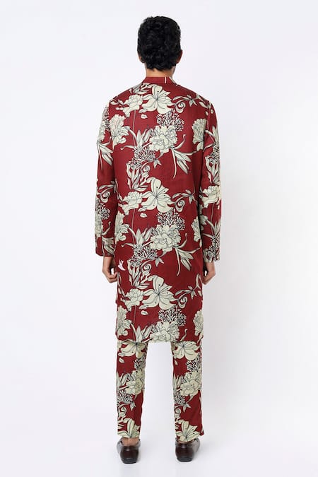 Shop MR. Ajay Kumar Maroon Cotton Satin Floral Digital Print Kurta And Pant Set at Aza Fashions Shop_MR. Ajay Kumar_Maroon Cotton Satin Floral Digital Print Kurta And Pant Set _at_Aza_Fashions