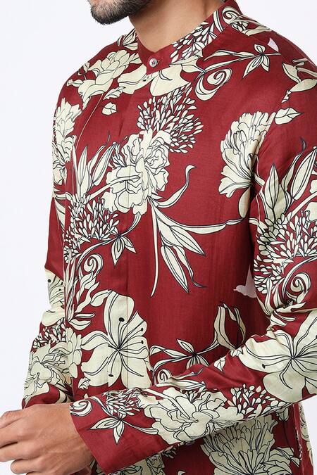 Buy MR. Ajay Kumar Maroon Cotton Satin Floral Digital Print Kurta And Pant Set Online at Aza Fashions Buy_MR. Ajay Kumar_Maroon Cotton Satin Floral Digital Print Kurta And Pant Set _Online_at_Aza_Fashions