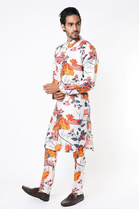 MR. Ajay Kumar Off White Cotton Satin Floral Digital Print Kurta And Pant Set 