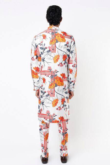 Shop MR. Ajay Kumar Off White Cotton Satin Floral Digital Print Kurta And Pant Set at Aza Fashions Shop_MR. Ajay Kumar_Off White Cotton Satin Floral Digital Print Kurta And Pant Set _at_Aza_Fashions