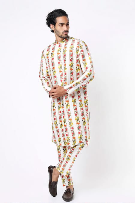 MR. Ajay Kumar Beige Cotton Satin Floral Stripe Digital Print Kurta And Pant Set 