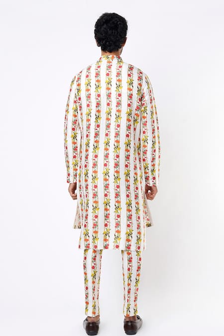 Shop_MR. Ajay Kumar_Beige Cotton Satin Floral Stripe Digital Print Kurta And Pant Set _at_Aza_Fashions