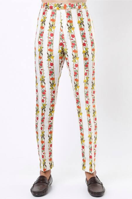 MR. Ajay Kumar_Beige Cotton Satin Floral Stripe Digital Print Kurta And Pant Set _Online_at_Aza_Fashions