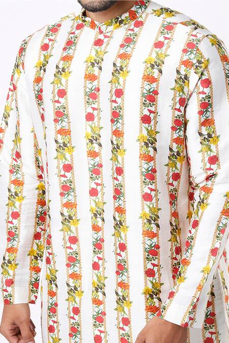 Buy_MR. Ajay Kumar_Beige Cotton Satin Floral Stripe Digital Print Kurta And Pant Set _Online_at_Aza_Fashions