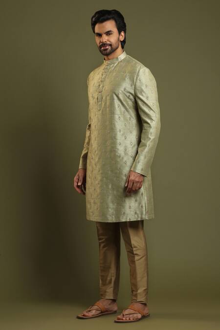 Buy_Kora By Nilesh Mitesh_Green Silk Blend Floral Embroidered Bundi And Kurta Set_Online_at_Aza_Fashions