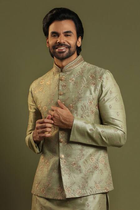 Shop_Kora By Nilesh Mitesh_Green Silk Blend Floral Embroidered Bundi And Kurta Set_Online_at_Aza_Fashions