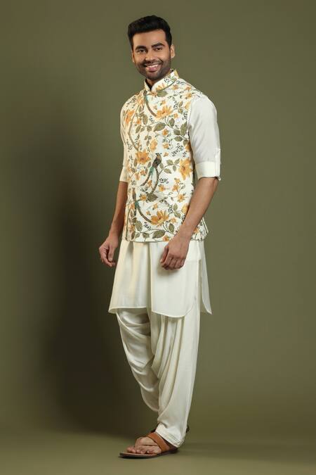 Buy_Kora By Nilesh Mitesh_Beige Silk Blend Bird, Floral Printed Bundi And Kurta Set_Online_at_Aza_Fashions
