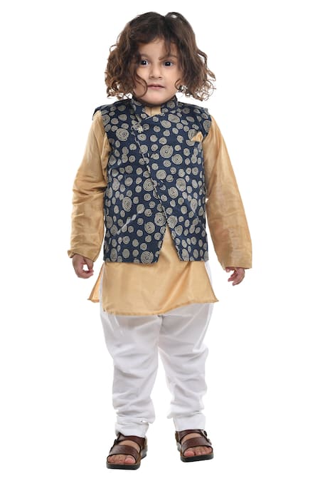 APRICOTKIDS Blue , Satin Geometric Printed Bundi Kurta Set 