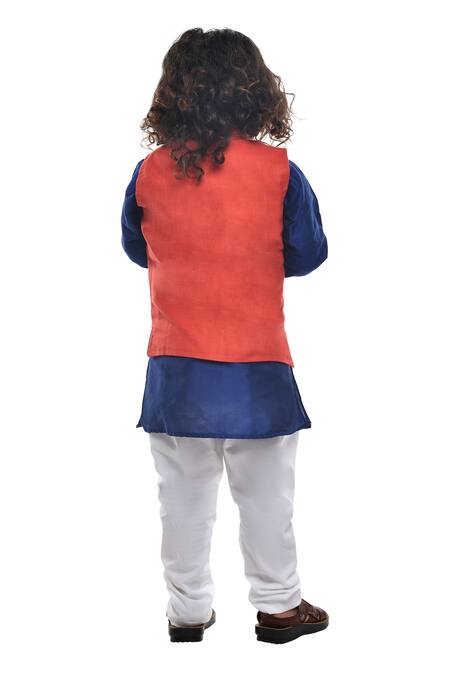 Shop APRICOTKIDS Red , Satin Embroidery Overlap Bundi Kurta Set at Aza Fashions Shop_APRICOTKIDS_Red , Satin Embroidery Overlap Bundi Kurta Set _at_Aza_Fashions