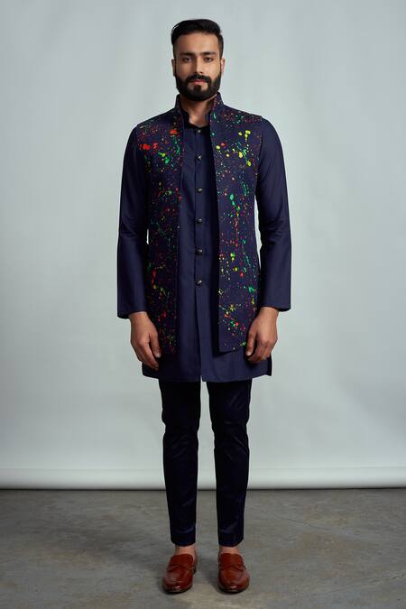 Arjuun Kilachand_Blue Linen Printed Bundi And Kurta Set _Online_at_Aza_Fashions