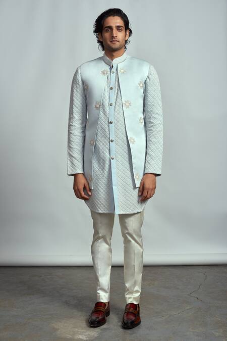 ARJUUN KILACHAND_Blue Cotton Embroidered Bundi And Kurta Set _Online_at_Aza_Fashions