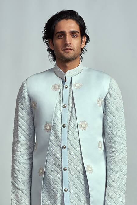 Buy_ARJUUN KILACHAND_Blue Cotton Embroidered Bundi And Kurta Set _Online_at_Aza_Fashions