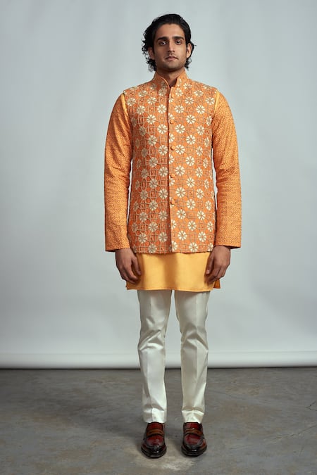 Arjuun Kilachand_Orange Raw Silk Embroidered Bundi And Kurta Set _Online_at_Aza_Fashions