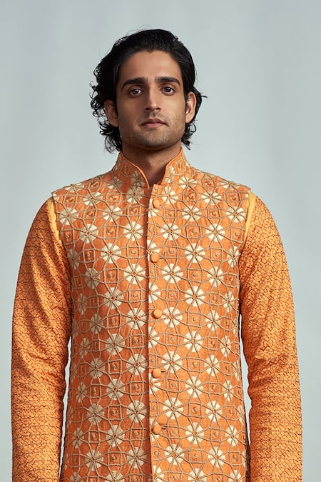 Buy_Arjuun Kilachand_Orange Raw Silk Embroidered Bundi And Kurta Set _Online_at_Aza_Fashions