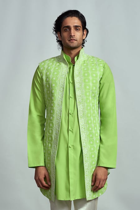 Arjuun Kilachand Green Embroidered Bundi And Kurta Set