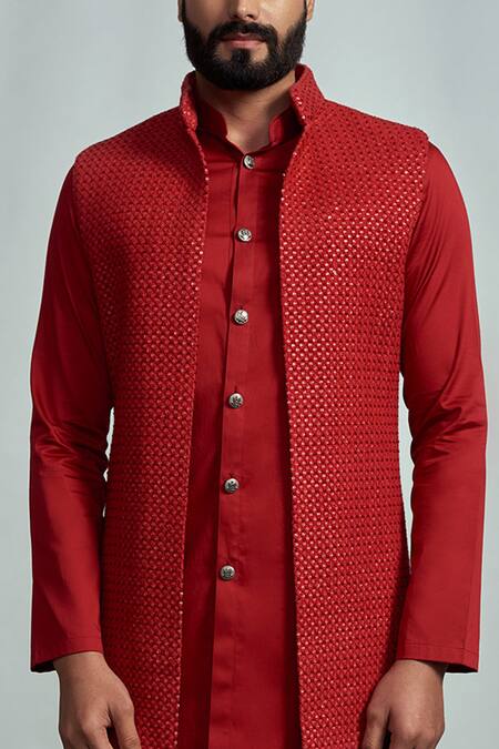 Buy_Arjuun Kilachand_Red Cotton Silk Embroidered Bundi And Kurta Set _Online_at_Aza_Fashions